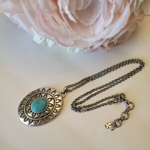 Lucky Brand Necklace Star Burst Oval Howlite Statement Pendant Silvertone